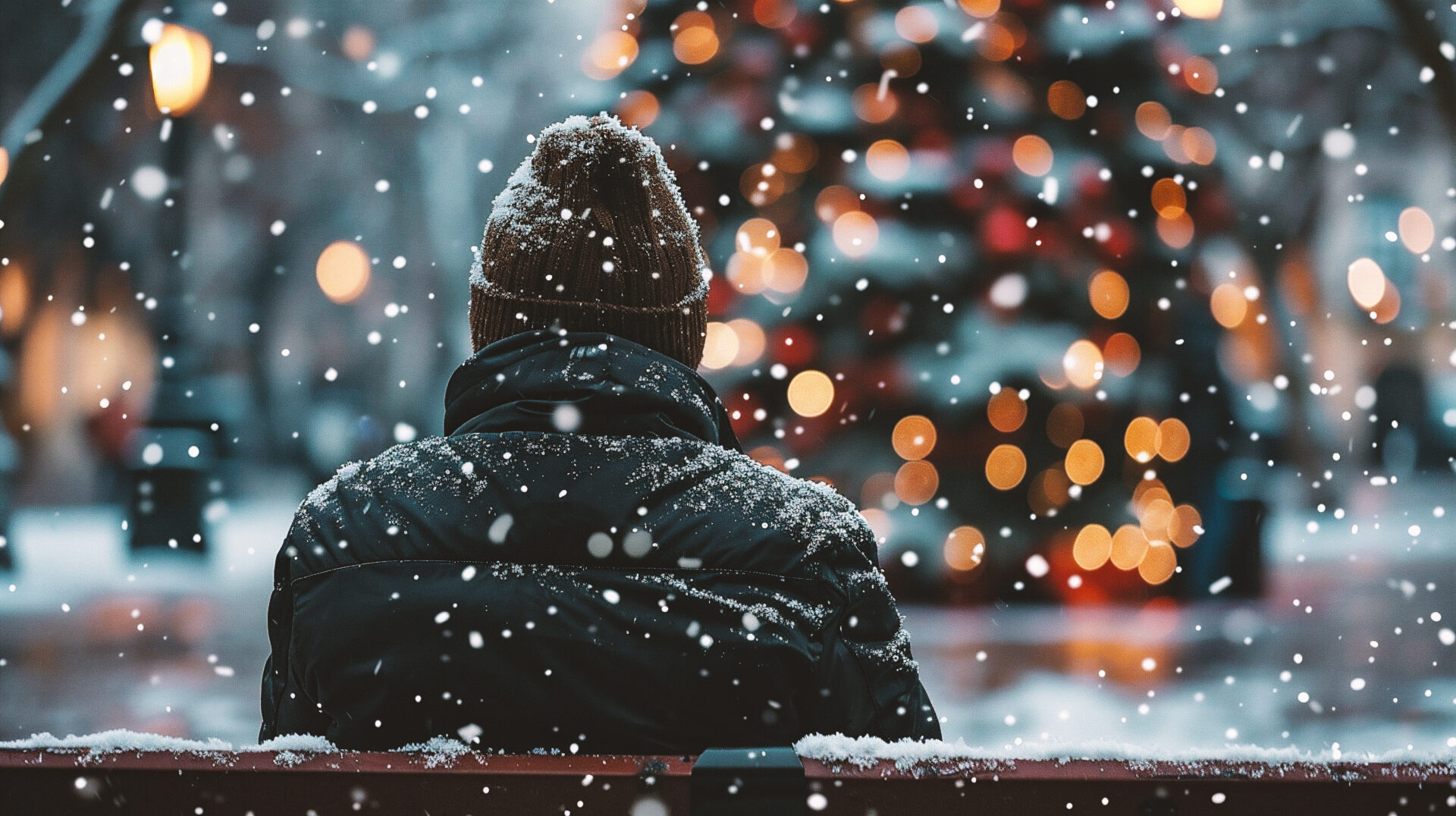 A man sitting on a bench with holiday lights in the back, experiencing holiday depression